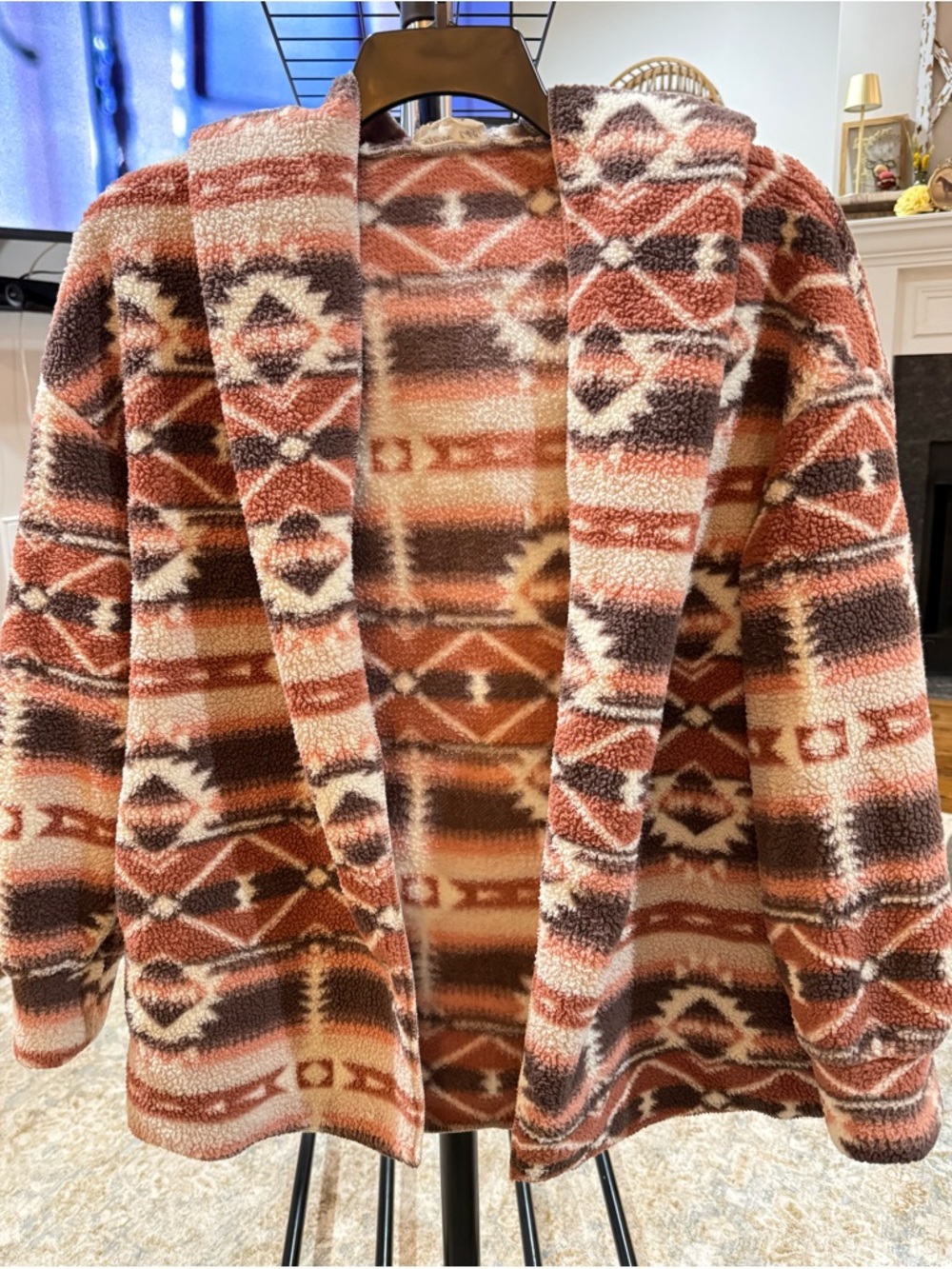 Aztec-Print Plush Open-Front Cardigan Sweater - Rust & Cream